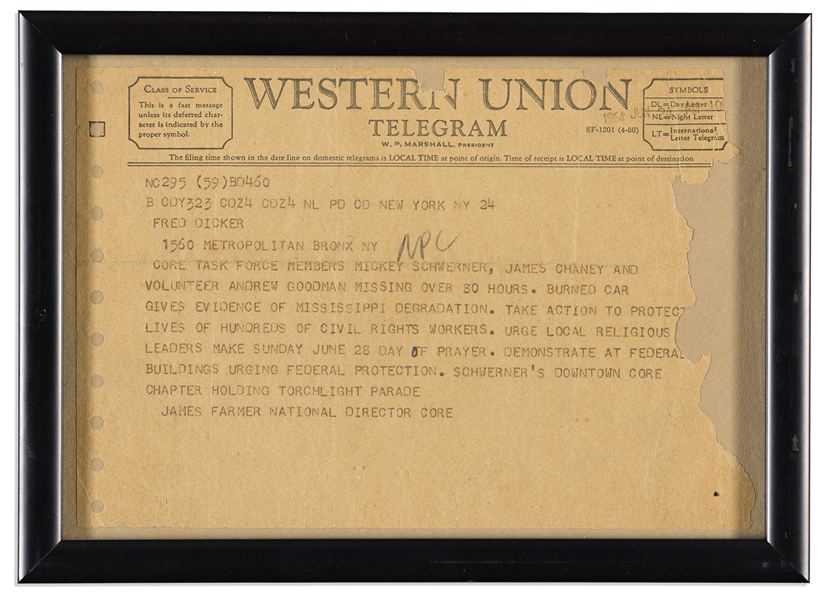 (CIVIL RIGHTS.) James Farmer. Original telegram on the missing CORE members.